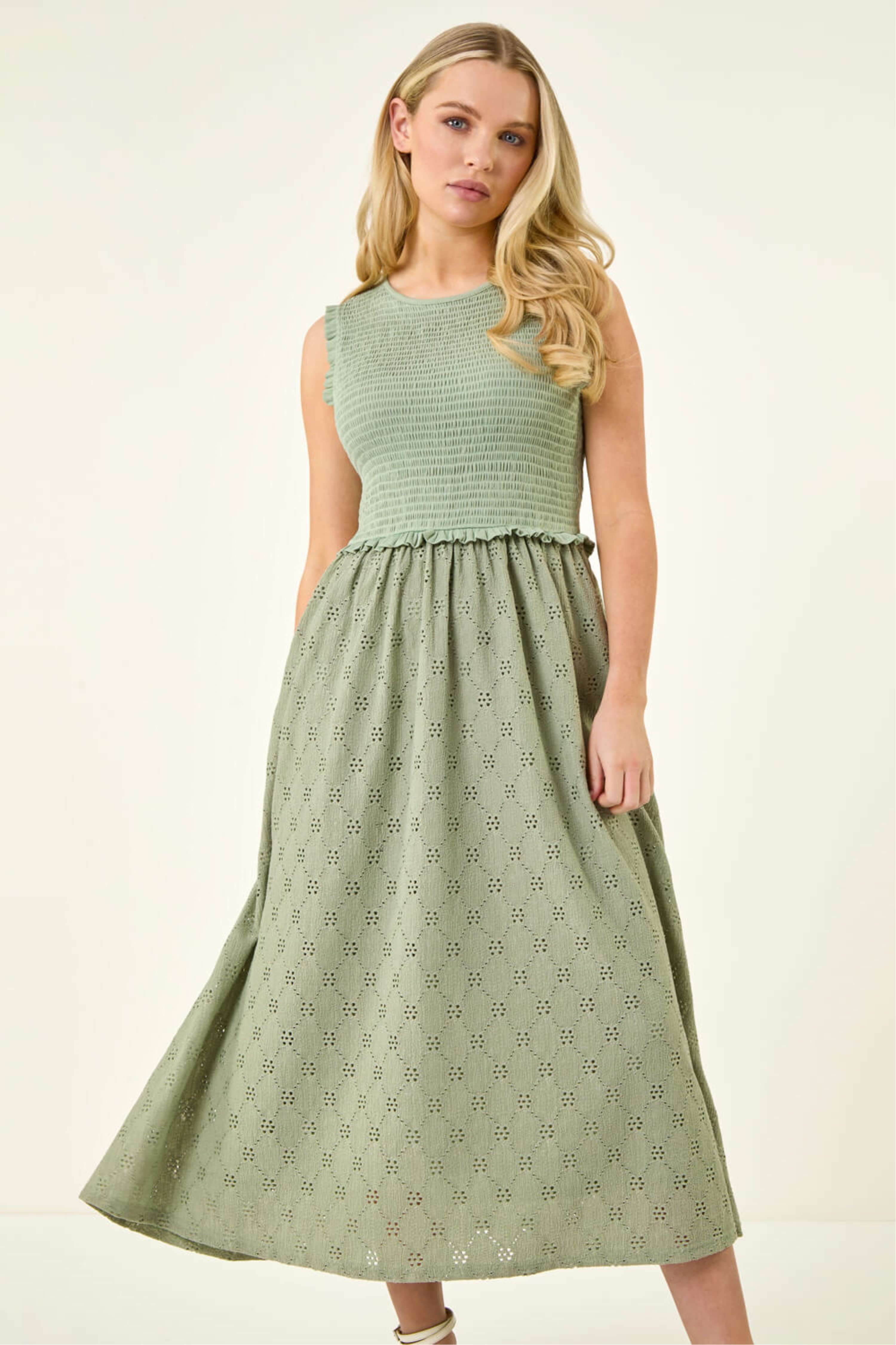 Roman Womens Petite Frill Shirred Midi Dress - Green