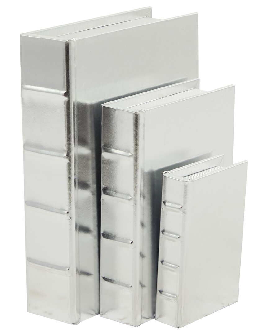 Set Of 3 Silver Faux Leather Faux Storage Book Box With Metallic Finish