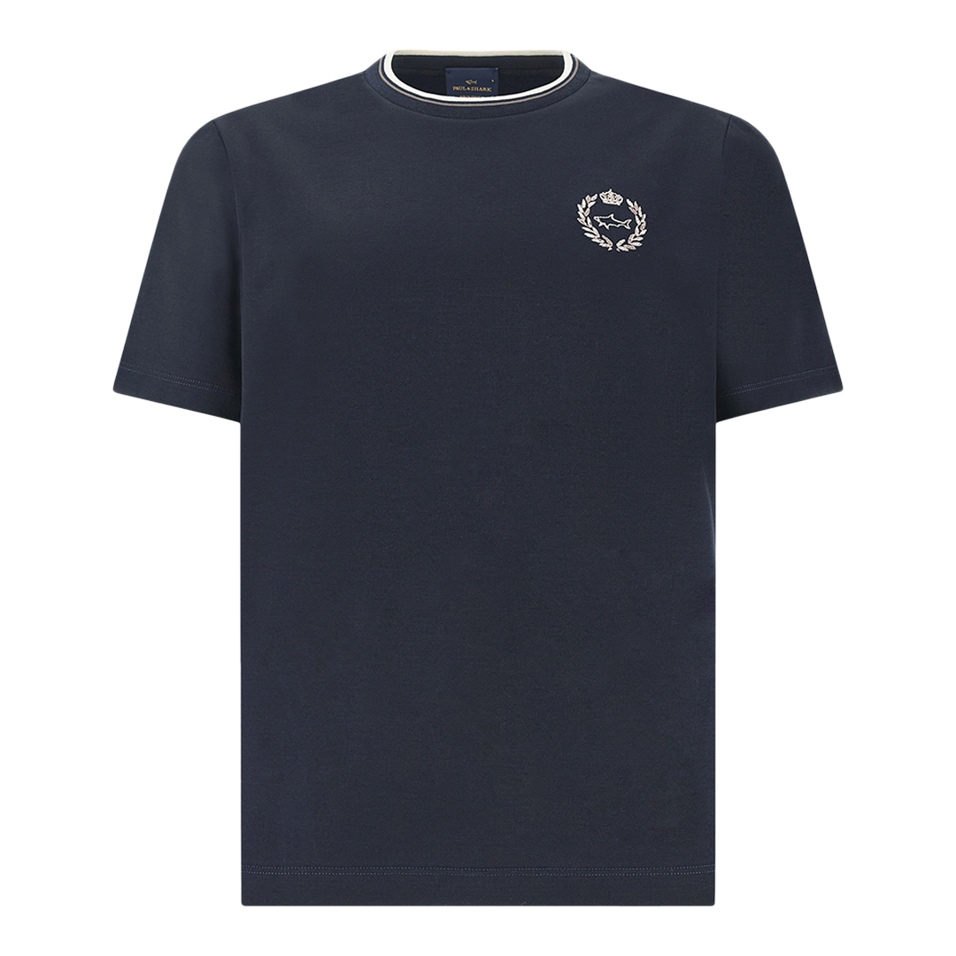 Aqua touch cotton T-shirt with heraldic embroidery, Man, Blue