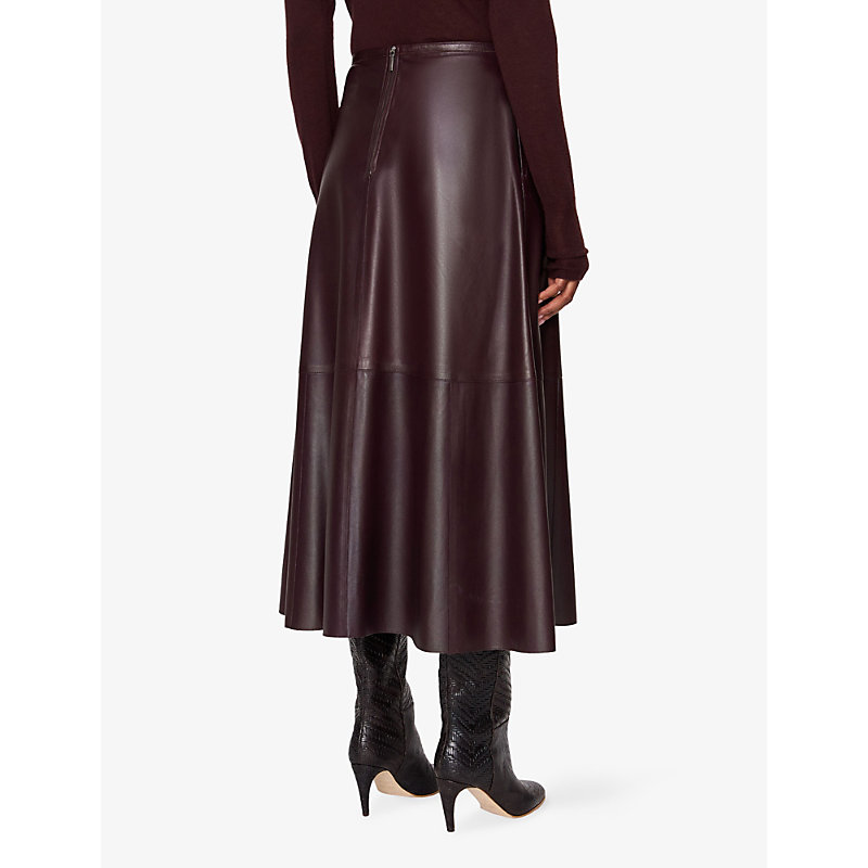 Womens Mahogany Helius A-Line Leather Midi Skirt