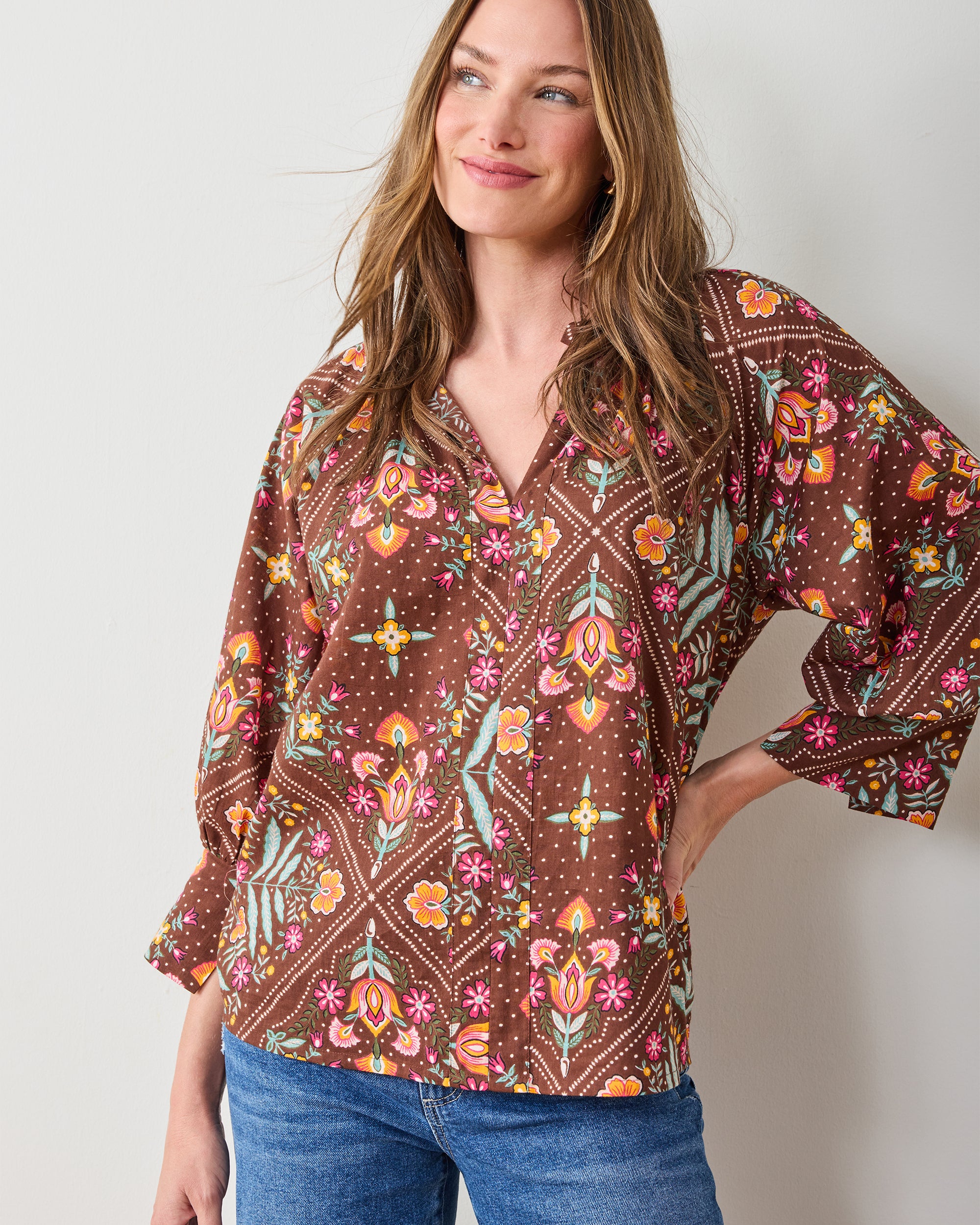 Organic Cotton Cropped Sleeve Blouse in Floral Bandana | Women's XS | Brown