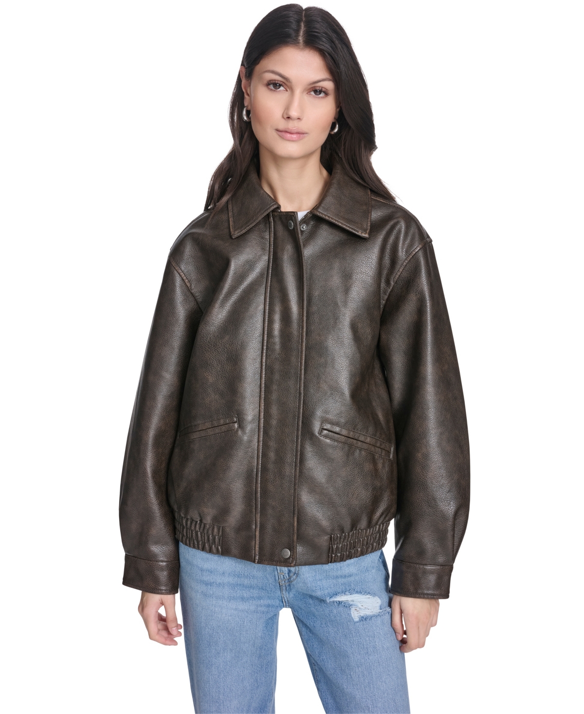 Women's Faux Leather Relaxed-Fit Bomber Jacket - Brown