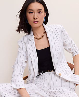Ann Taylor The Petite Pinstripe Long One Button Blazer in Linen Blend
