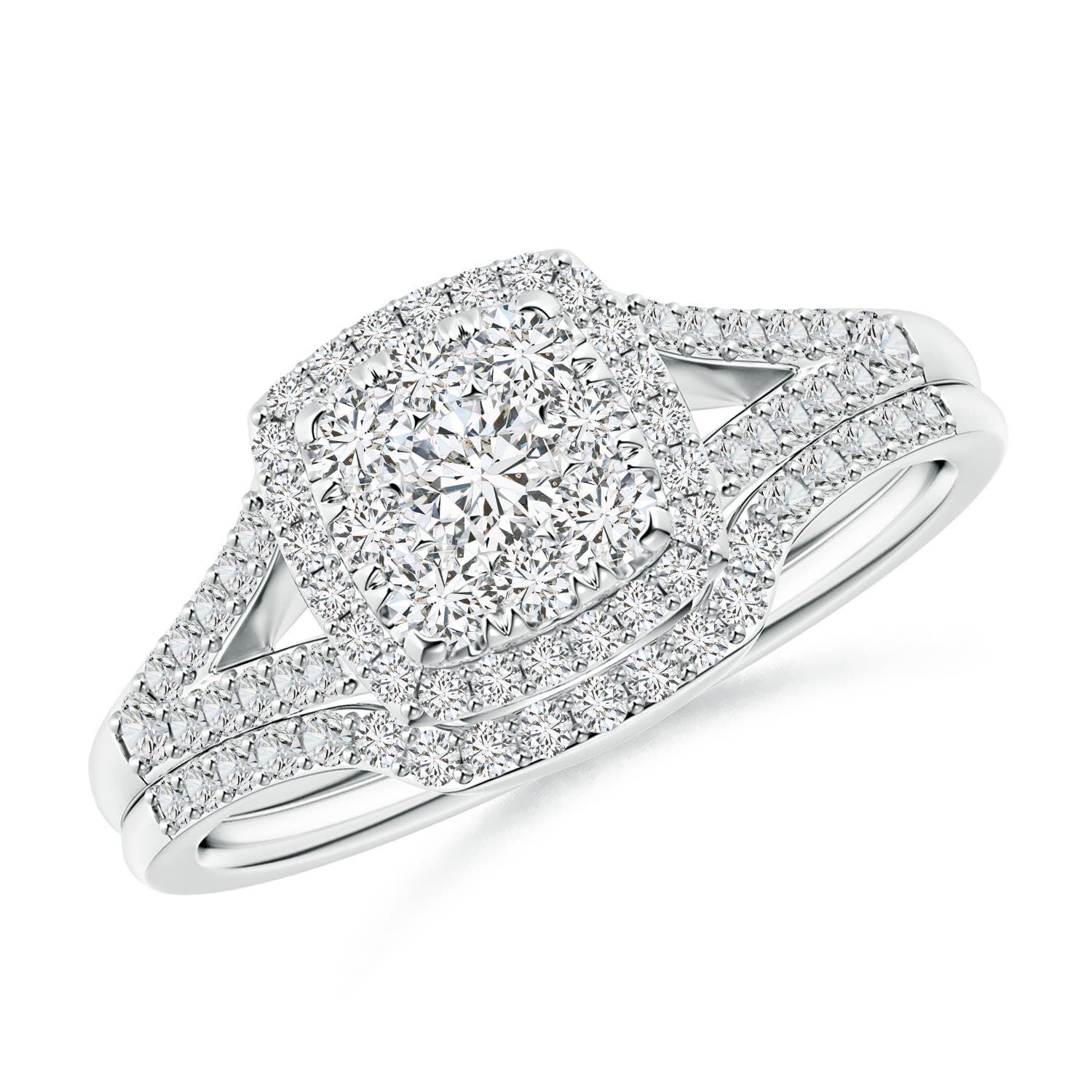 Angara 0.67 Carat Cushion Composite Diamond Halo Split Shank Bridal Set in Platinum