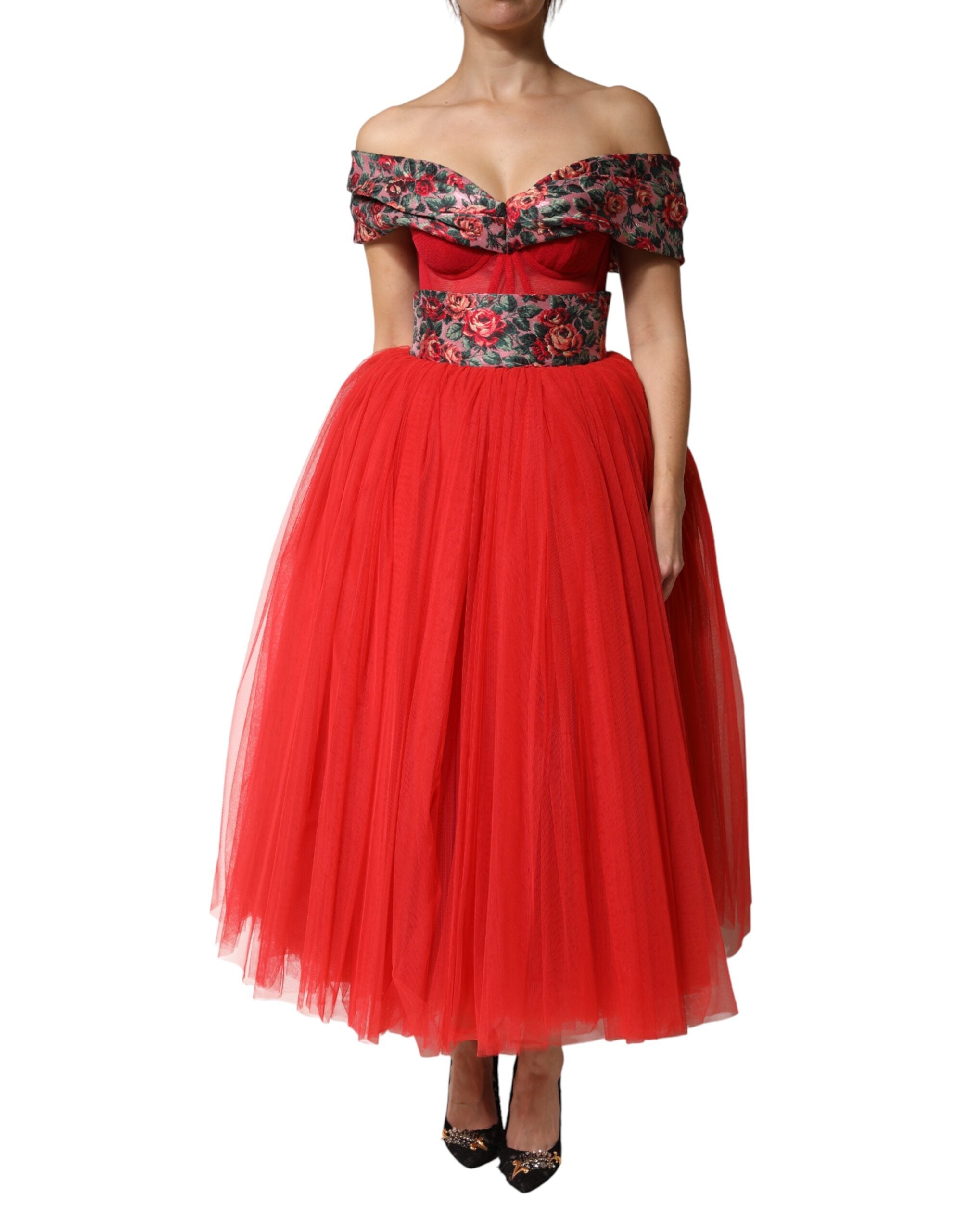 Floral Off-Shoulder Dress — Red