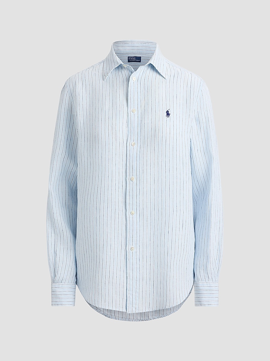 Women's Striped Linen Sport Shirt - Light Blue White