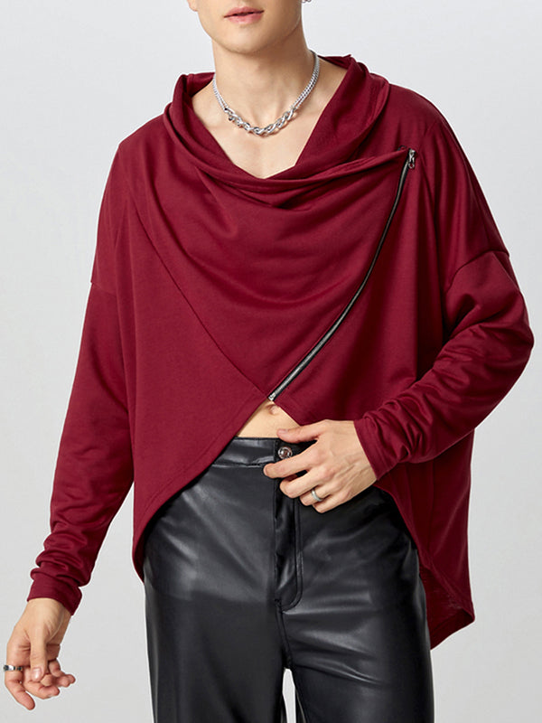 Mens Zip Detail Draped Neck Long-Sleeve T-Shirt SKUK85848 - Wine Red / S