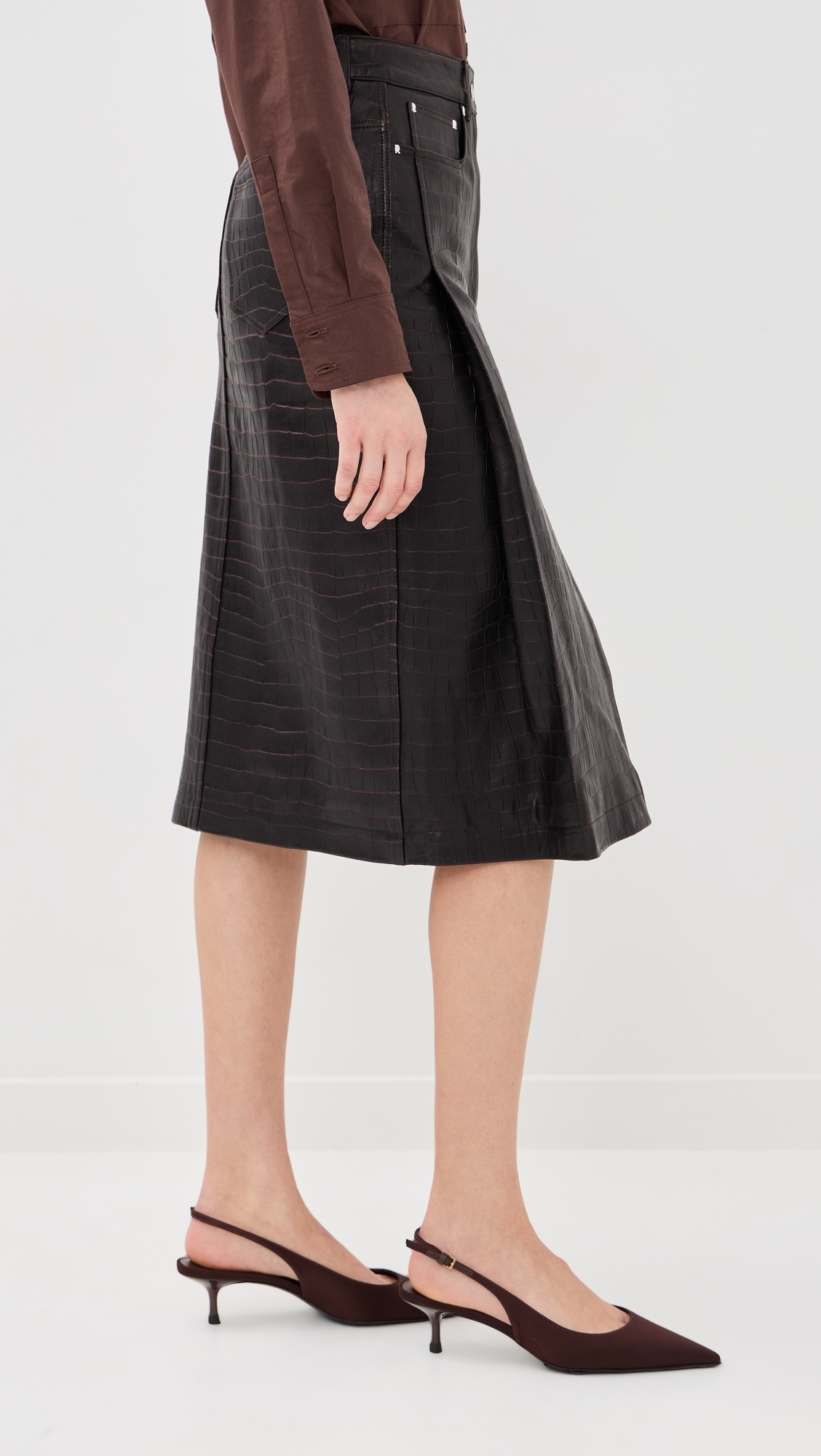 Lamb Leather Croc Embossed Skirt Dark Brown