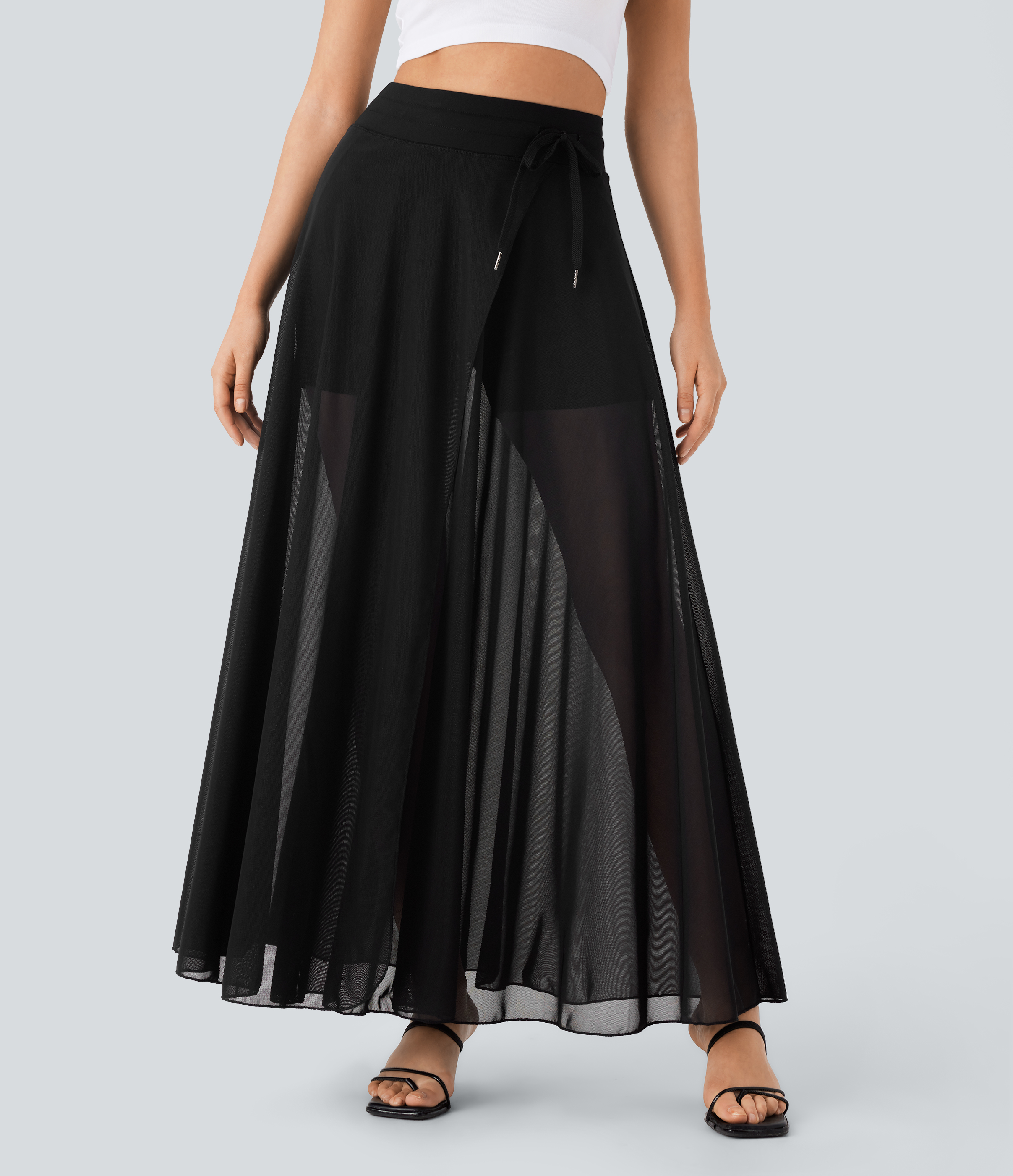 Halara High Waisted Drawstring Contrast Mesh 2-in-1 Pocket Flowy Maxi Flare Casual Skirt - Black - XSregular