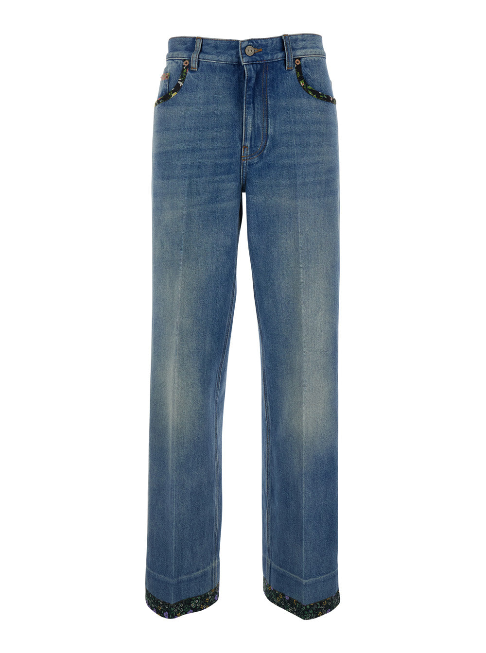 Floral-Trimmed Jeans — Blue