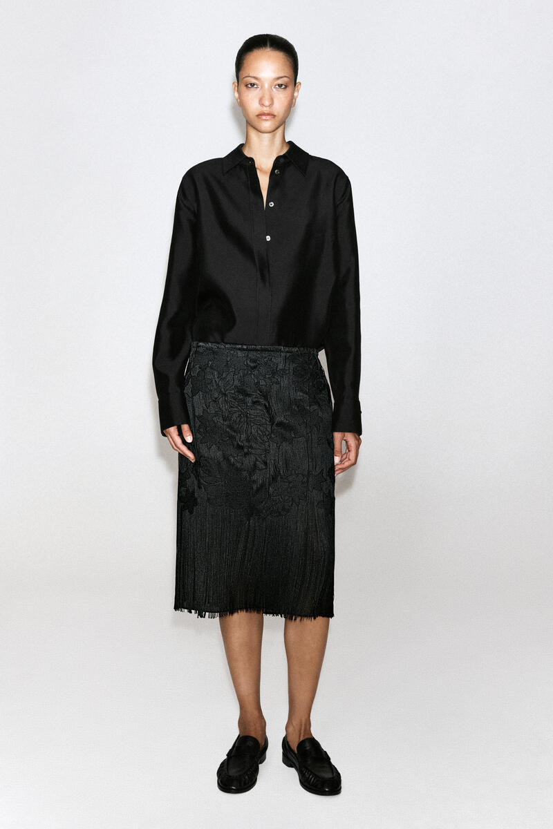 Embroidered Fringed Midi Skirt