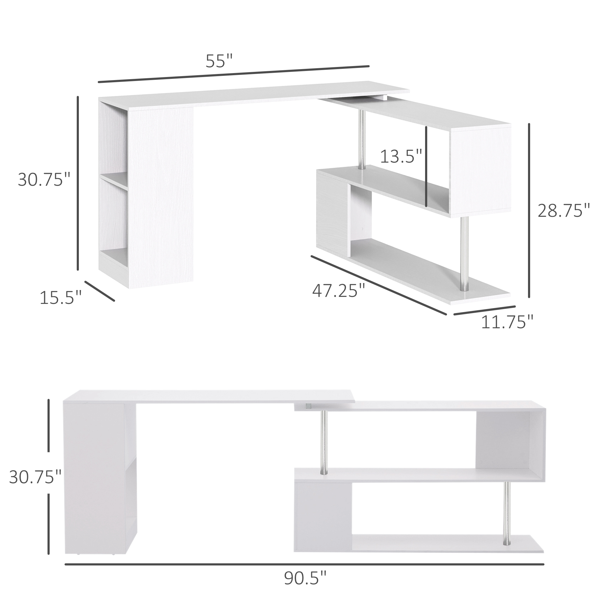 HOMCOM L-Shaped Desk 55", 360° Rotating Corner Workstation, 3-Tier Shelves, Bookshelf, White | Aosom Canada