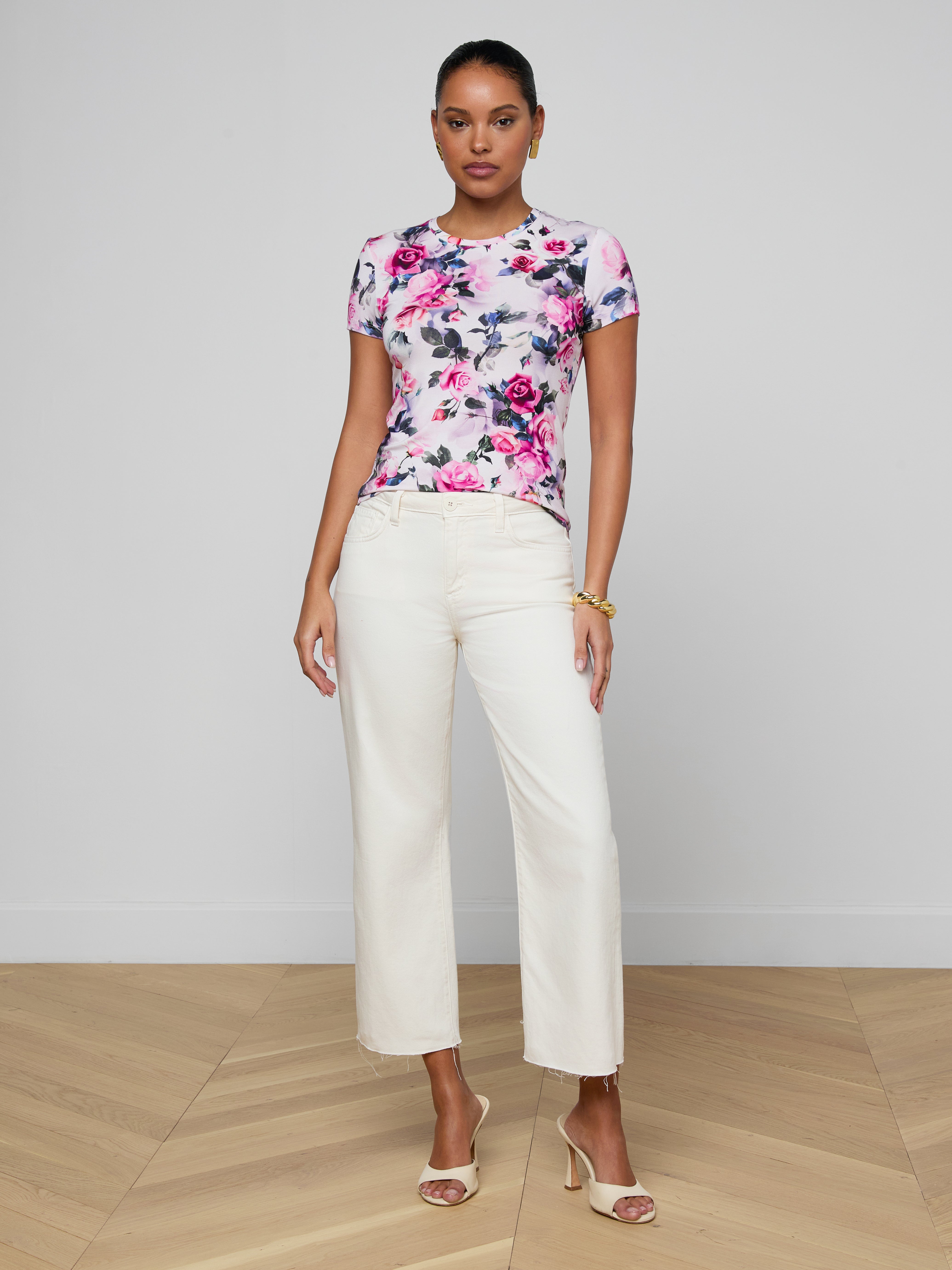 Ressi Fitted T-Shirt In Pink Multi Water Rose