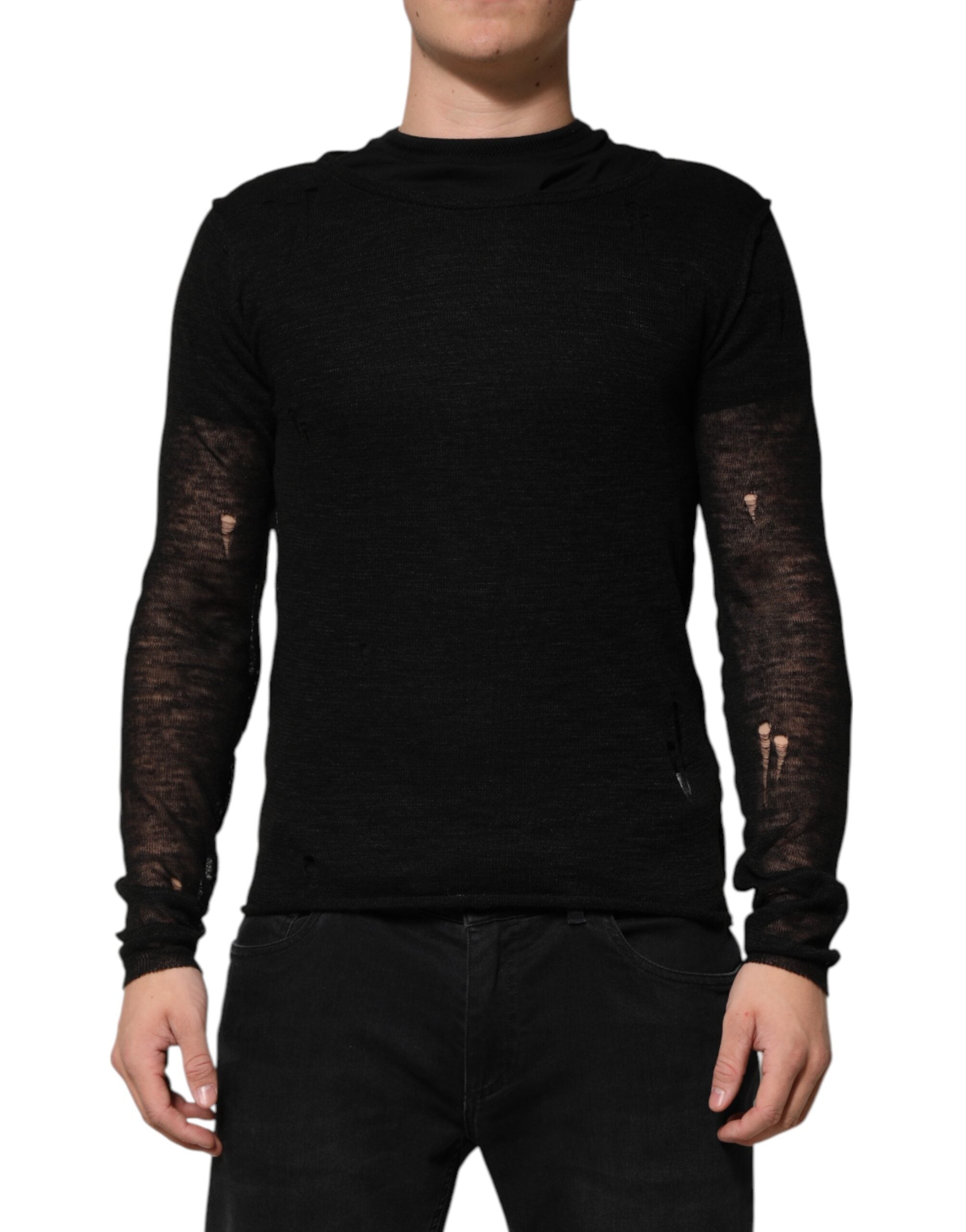 Linen Mesh Tattered T-Shirt — Black