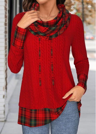 Modlily Christmas Red Patchwork Plaid Long Sleeve Cowl Neck Sweatshirt