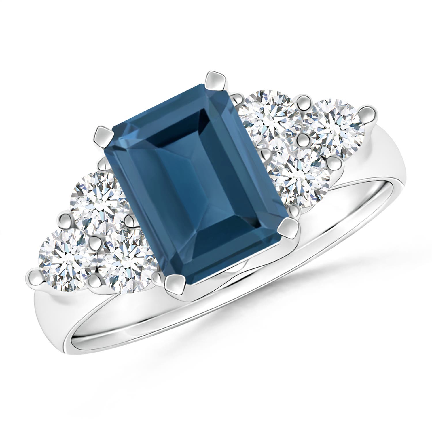 Angara 1.95 Carats Emerald Cut London Blue Topaz Ring with Trio Diamond Accents in Platinum