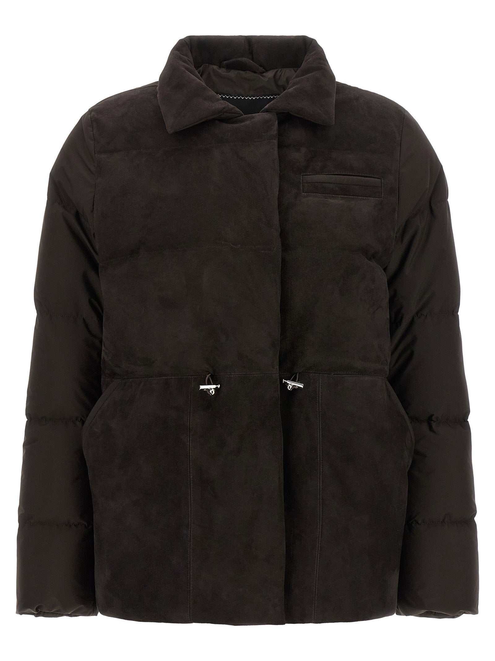 Suède-Front Drawstring Down Jacket — Black