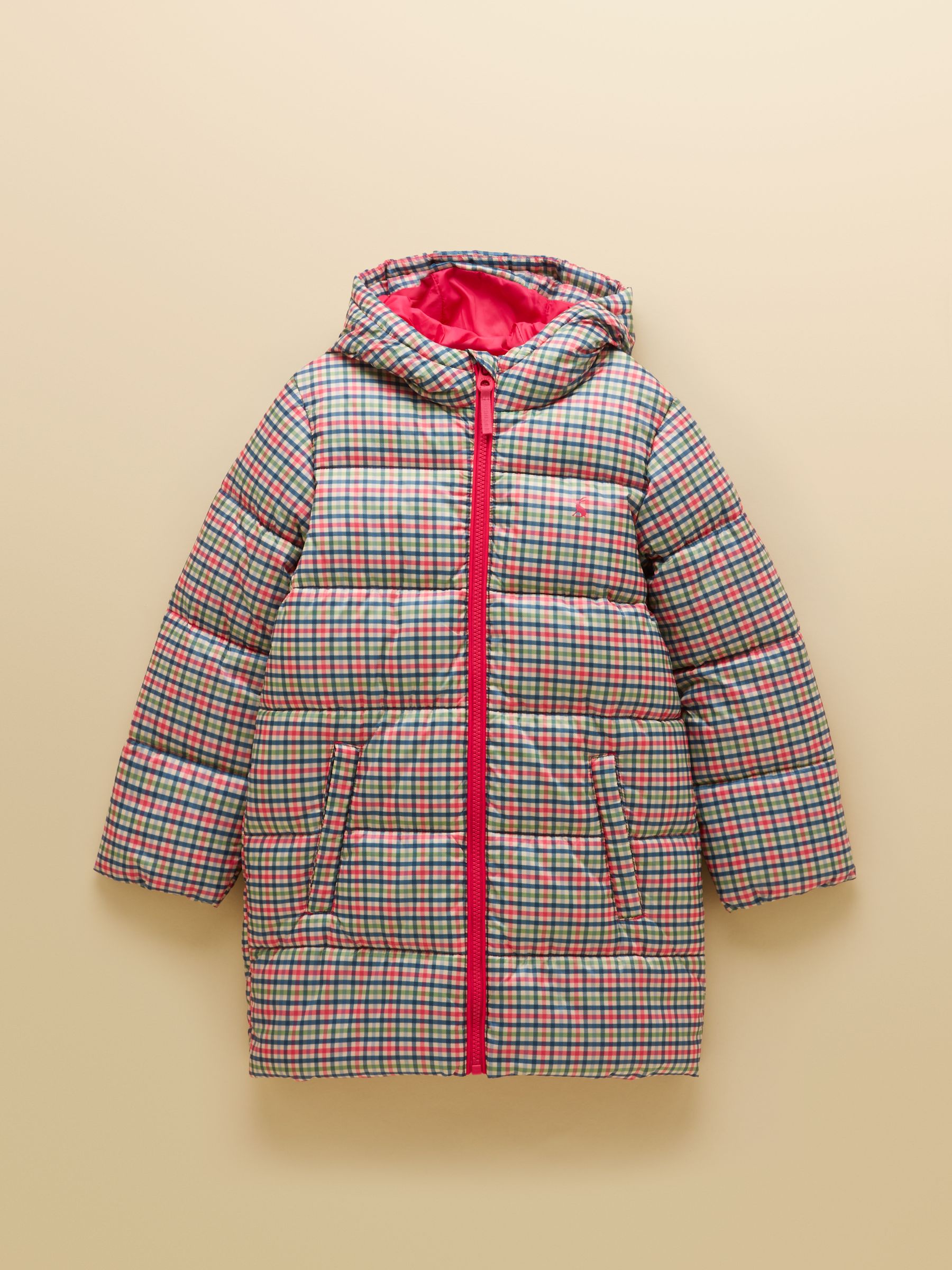 Girls' Long Cairn Pink Check Showerproof Padded Coat