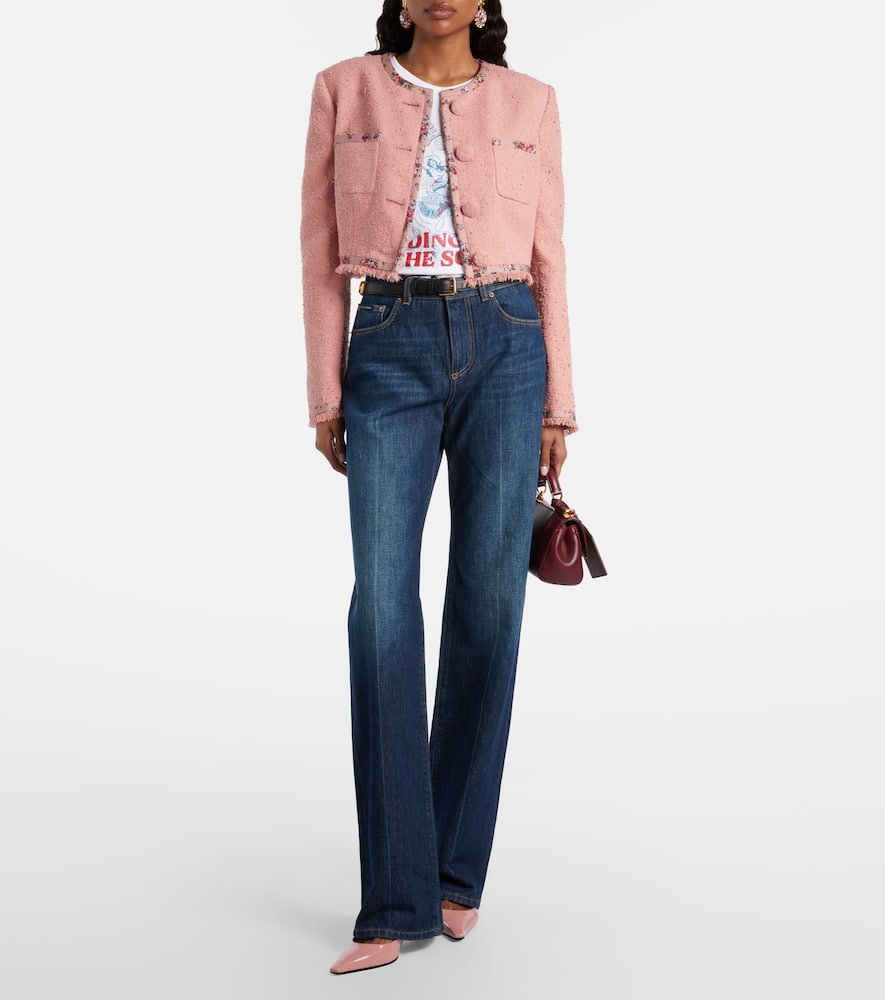 Floral cropped cotton-blend tweed jacket