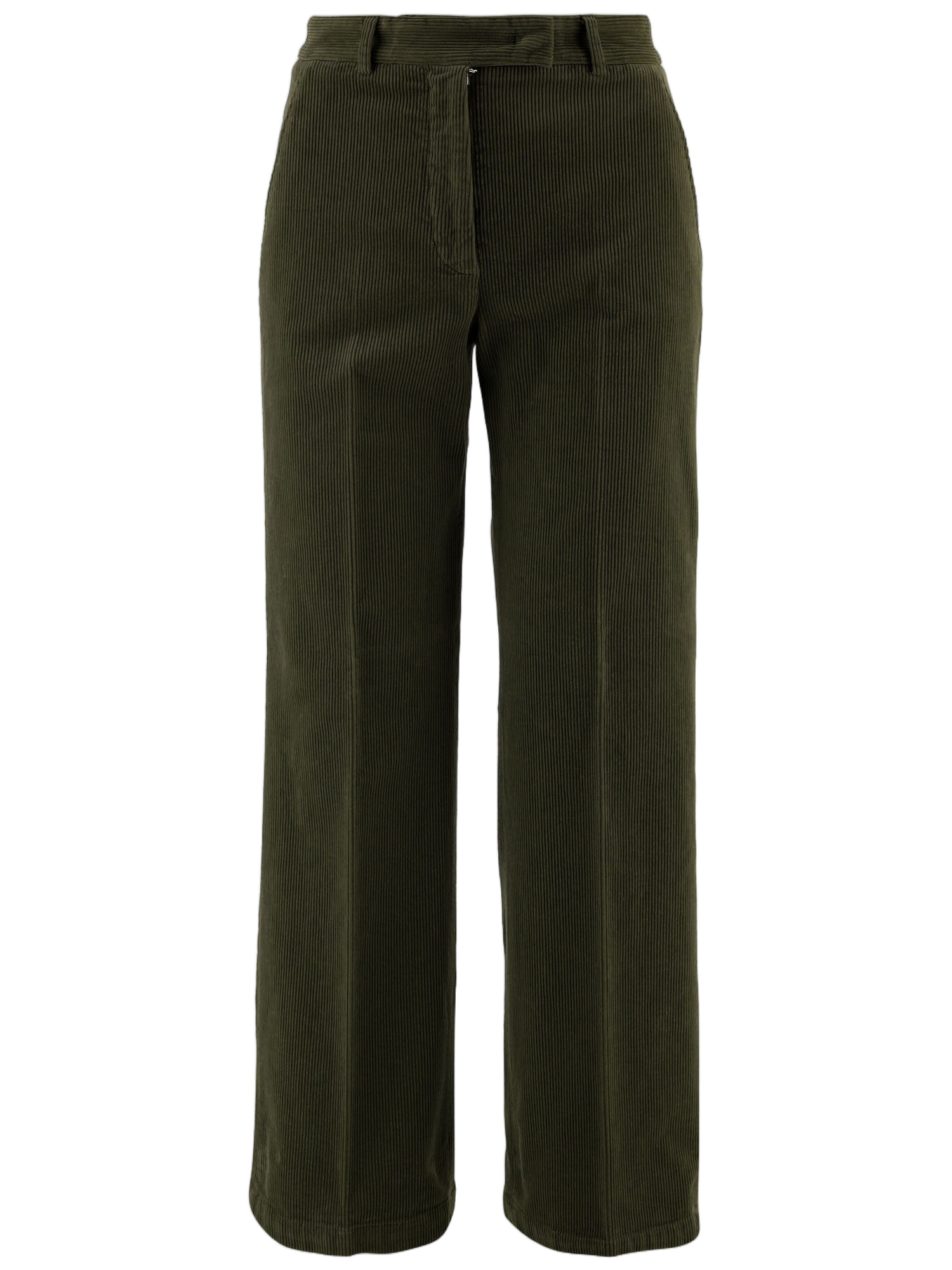 Green Ribbed Stretch Cotton Velvet Straight-Leg Pants