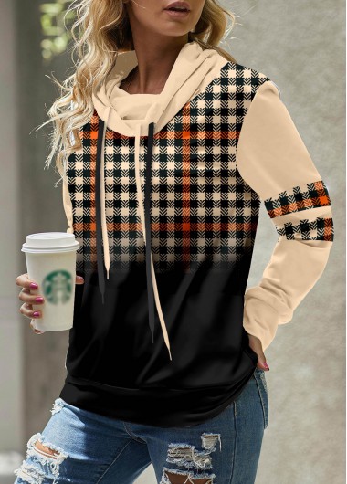 Modlily Light Coffee Patchwork Plaid Long Sleeve Sweatshirt