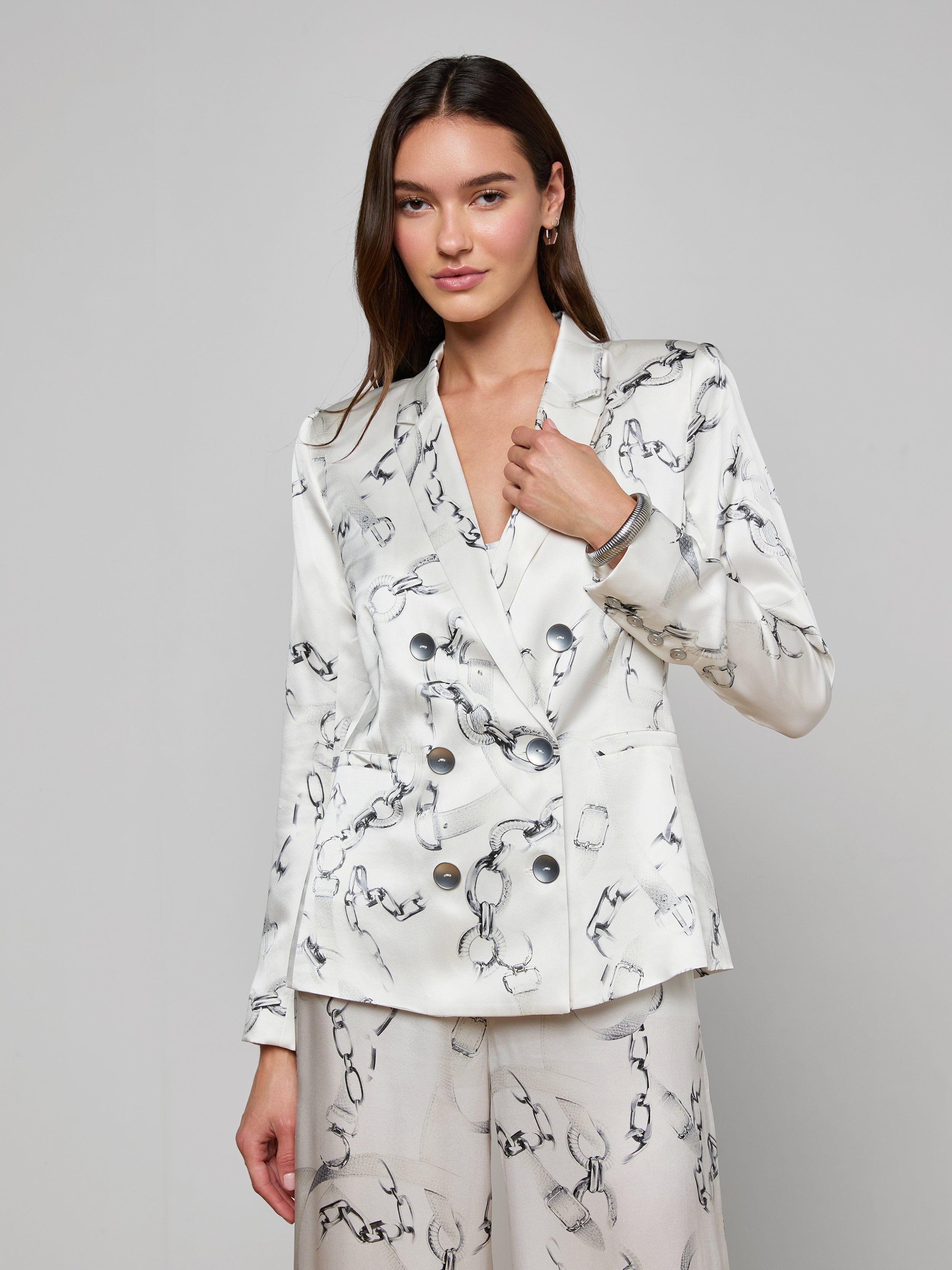 Colin Silk Blazer In Ivory/grey Medium Faded Chain