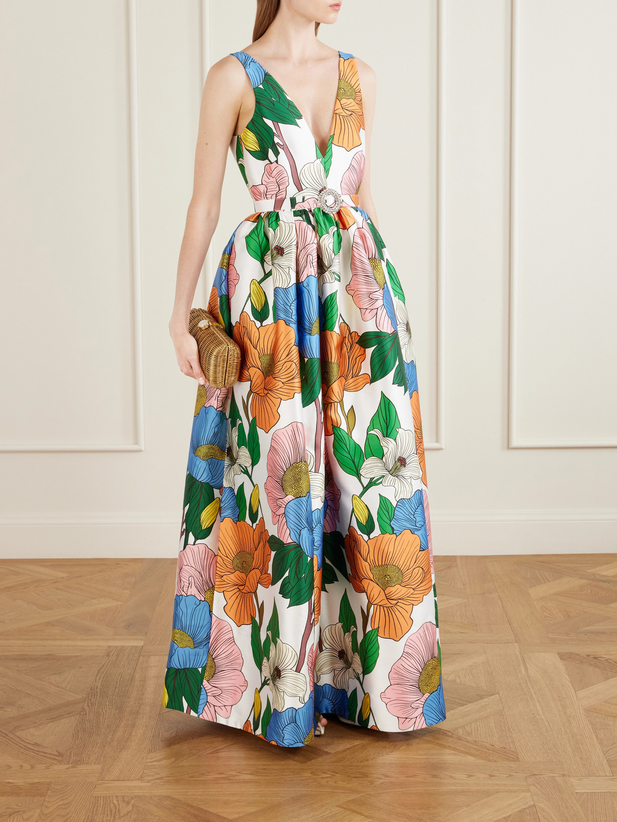 Isabella Belted Floral-print Taffeta Maxi Dress - Multi