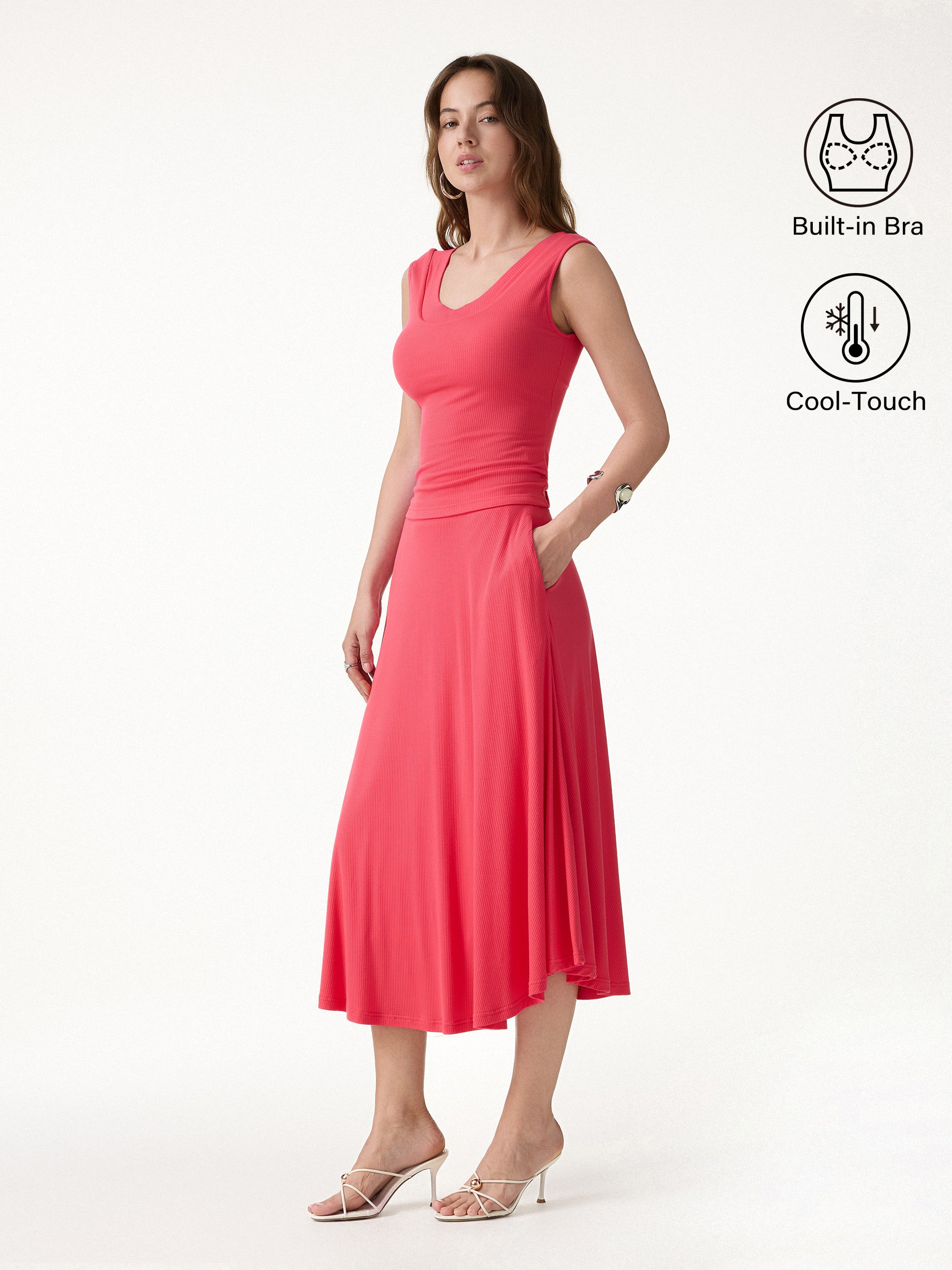 2Pcs Set U-Neck Bra Tank & Midi Skirt with Pockets - Teaberry Red / XS