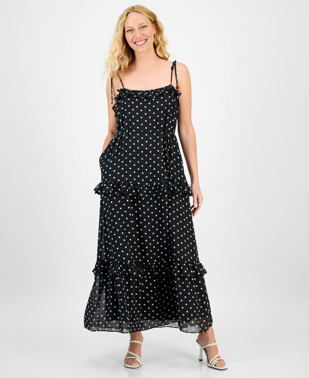 Women's Tie-Strap Ruffle-Tier Maxi Dress - Black White