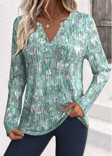 Modlily Sage Green Dazzle Colorful Print Long Sleeve T Shirt