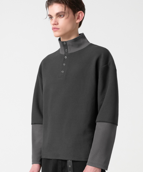 Waffle Ring Snap Collar Henley Neck Long Sleeve_Charcoal