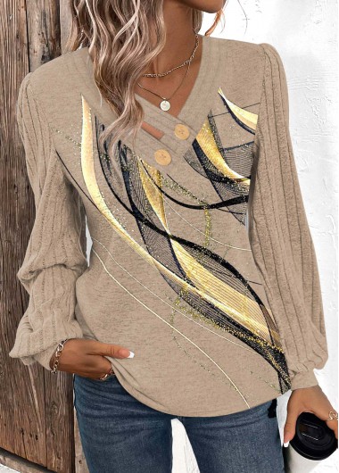 Modlily Light Camel Button Geometric Print Long Sleeve T Shirt