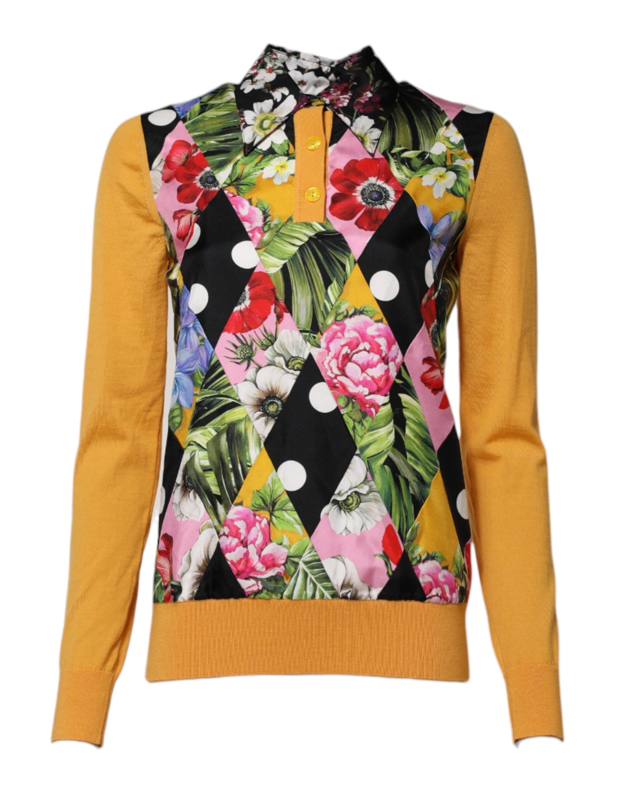 Floral-Print Cashmere-Silk Polo Top — Yellow