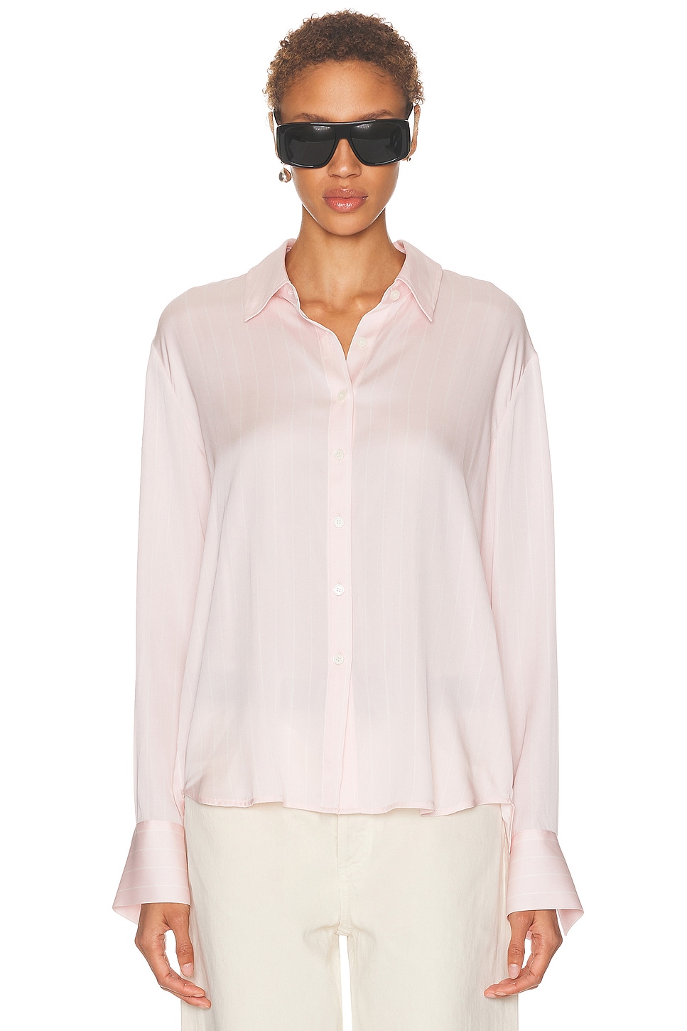 SRG Odette Silk Button Down Shirt in Blush & White Stripe - Blush,White. XL also in