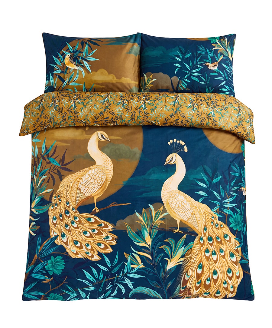 Gilded Peacocks Cotton Sateen Reversible Duvet Set - Double - Blue - by Joe Brown