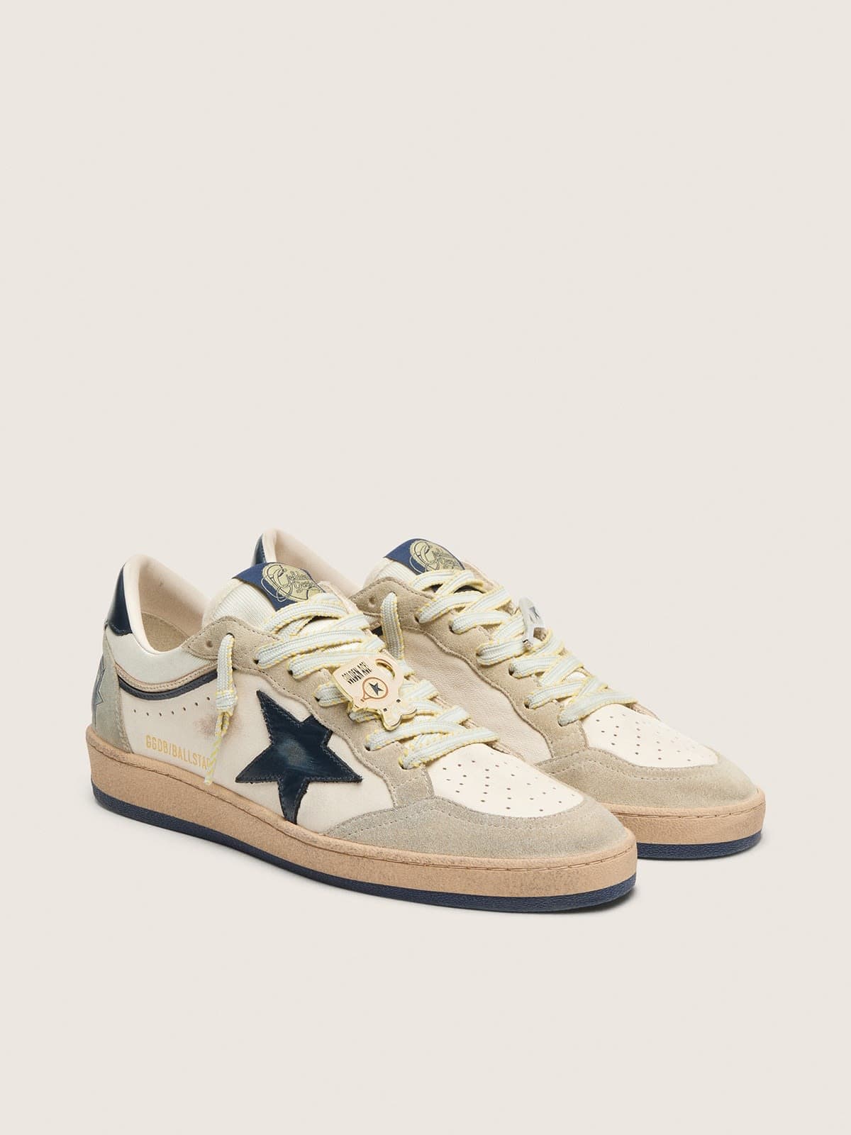Golden Goose - Men’s Ball Star Ltd In White Leather And Light Grey Suede With Dark Blue Star And Skins, Man