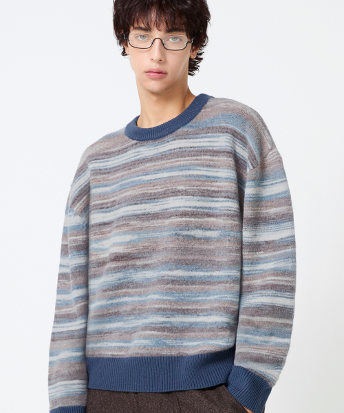 Washable Multi-Color Gradient Crew Neck Knit_Navy