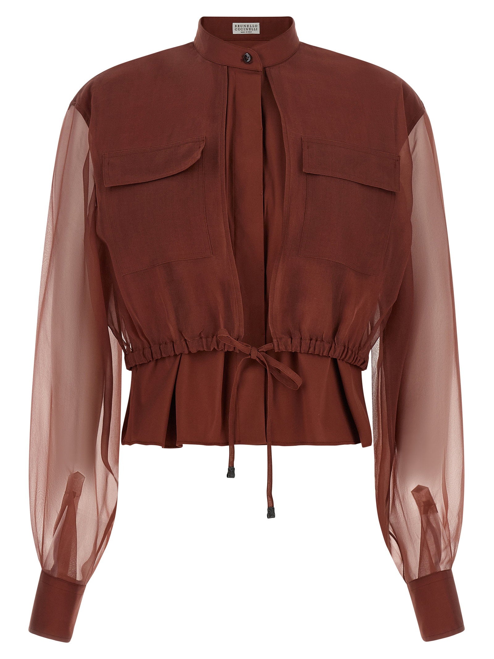Silk-Sleeve Contrast Blouse — Brown