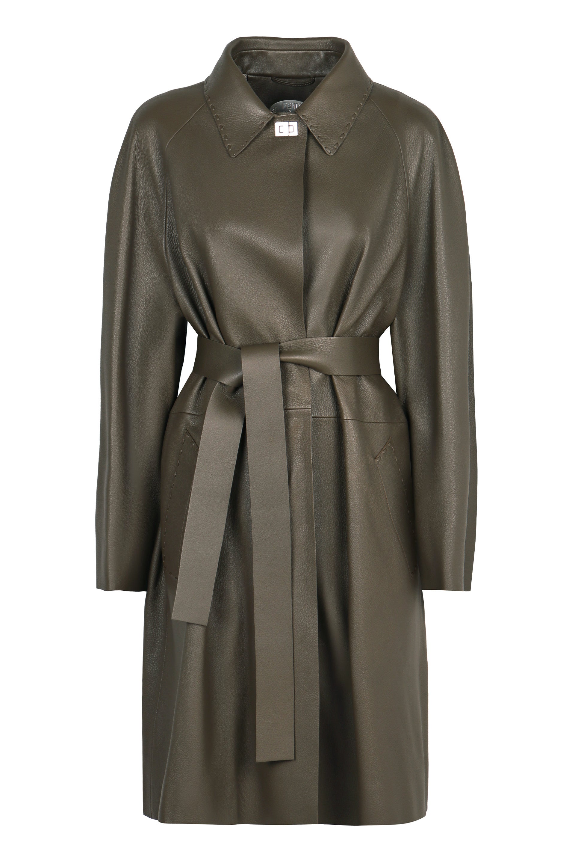 Grainy Deer Leather Jacket with Metallic Turn-Lock and Waist Belt
