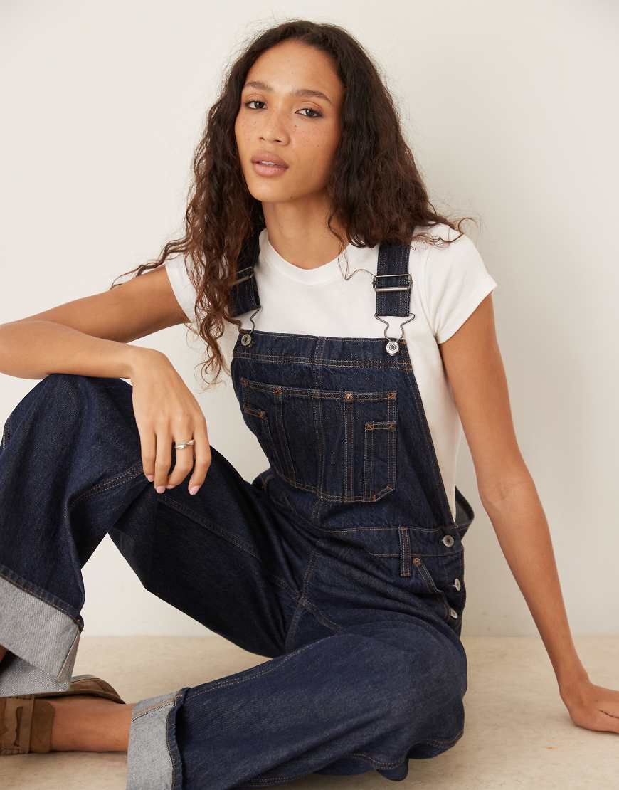 Cuff hem denim overalls in indigo blue