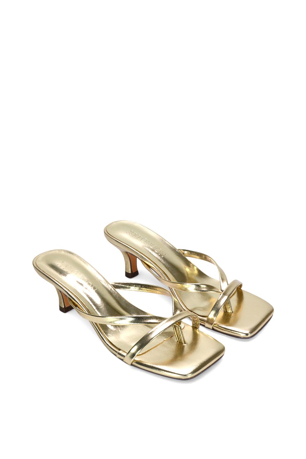 XY London Women's 'Tiana' Kitten Heel Sandal Mules w/ Toe Post in Metallic Gold