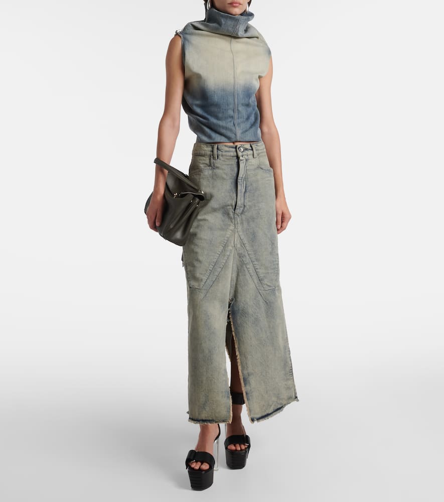 Distressed denim maxi skirt