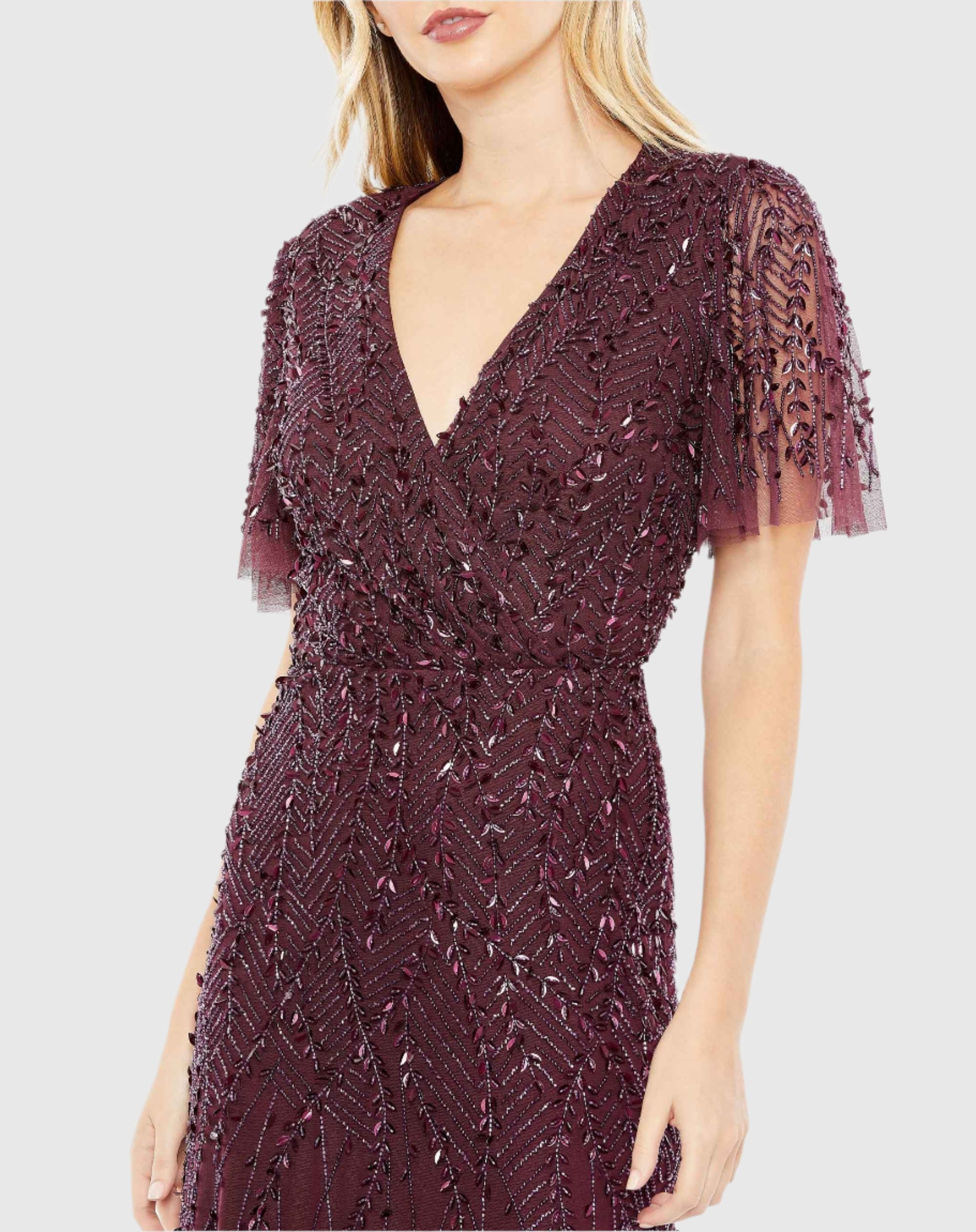 Purple Embellished Flutter Sleeve Maxi Gown In