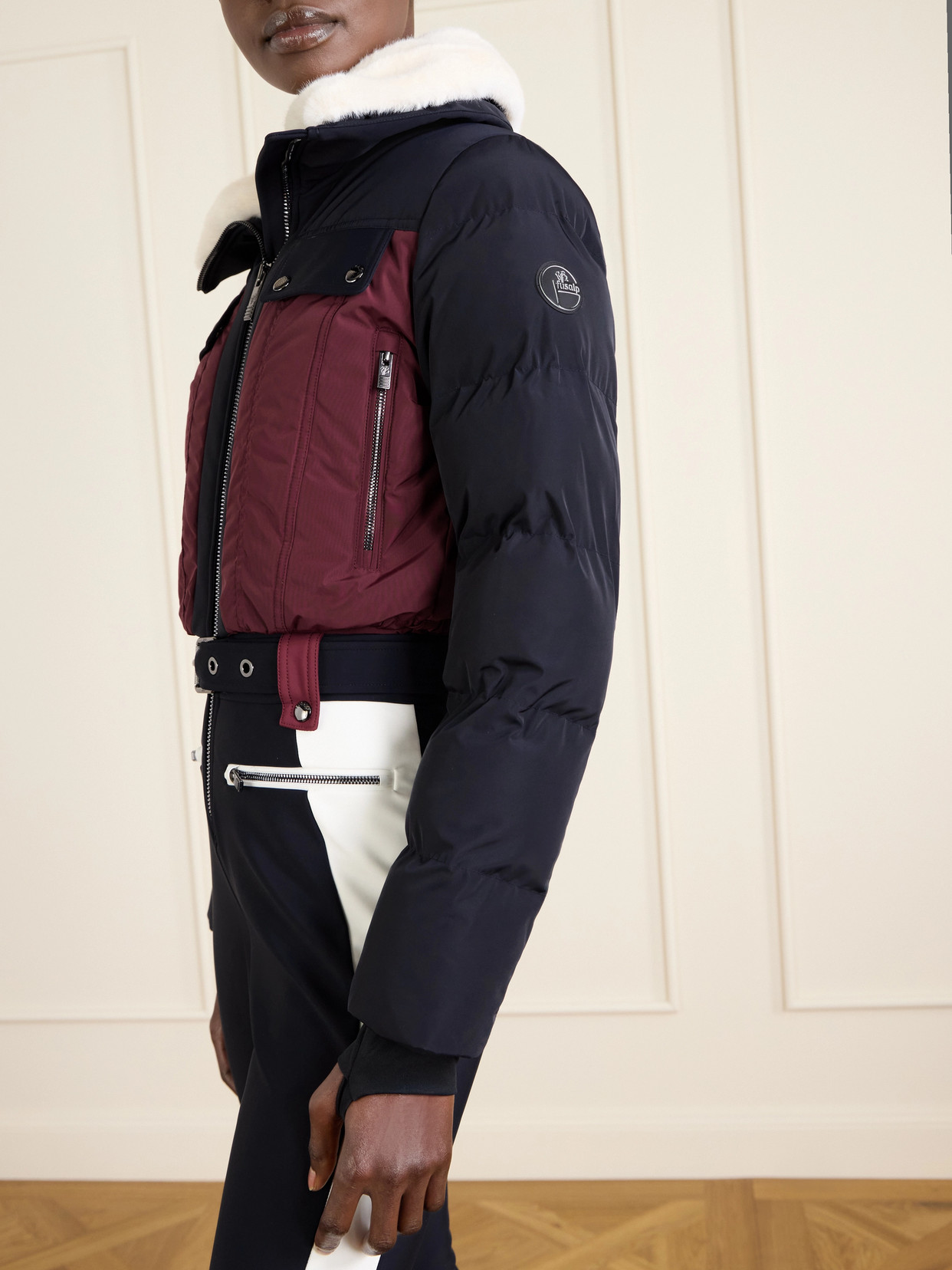 Karei Belted Plush-trimmed Padded Shell Ski Suit - Burgundy