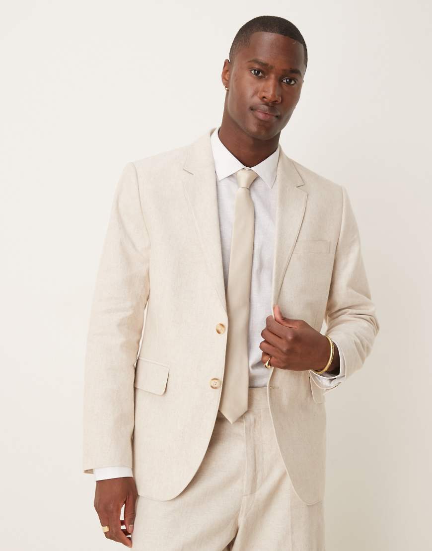 Abercrombie & Fitch classic single breasted linen suit blazer in cream - part of a set-Neutral