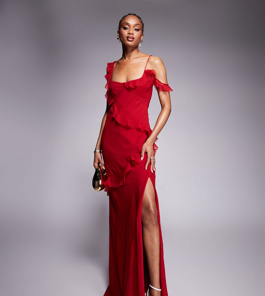 ASOS DESIGN Tall raw edge ruffle maxi dress with tie back in red