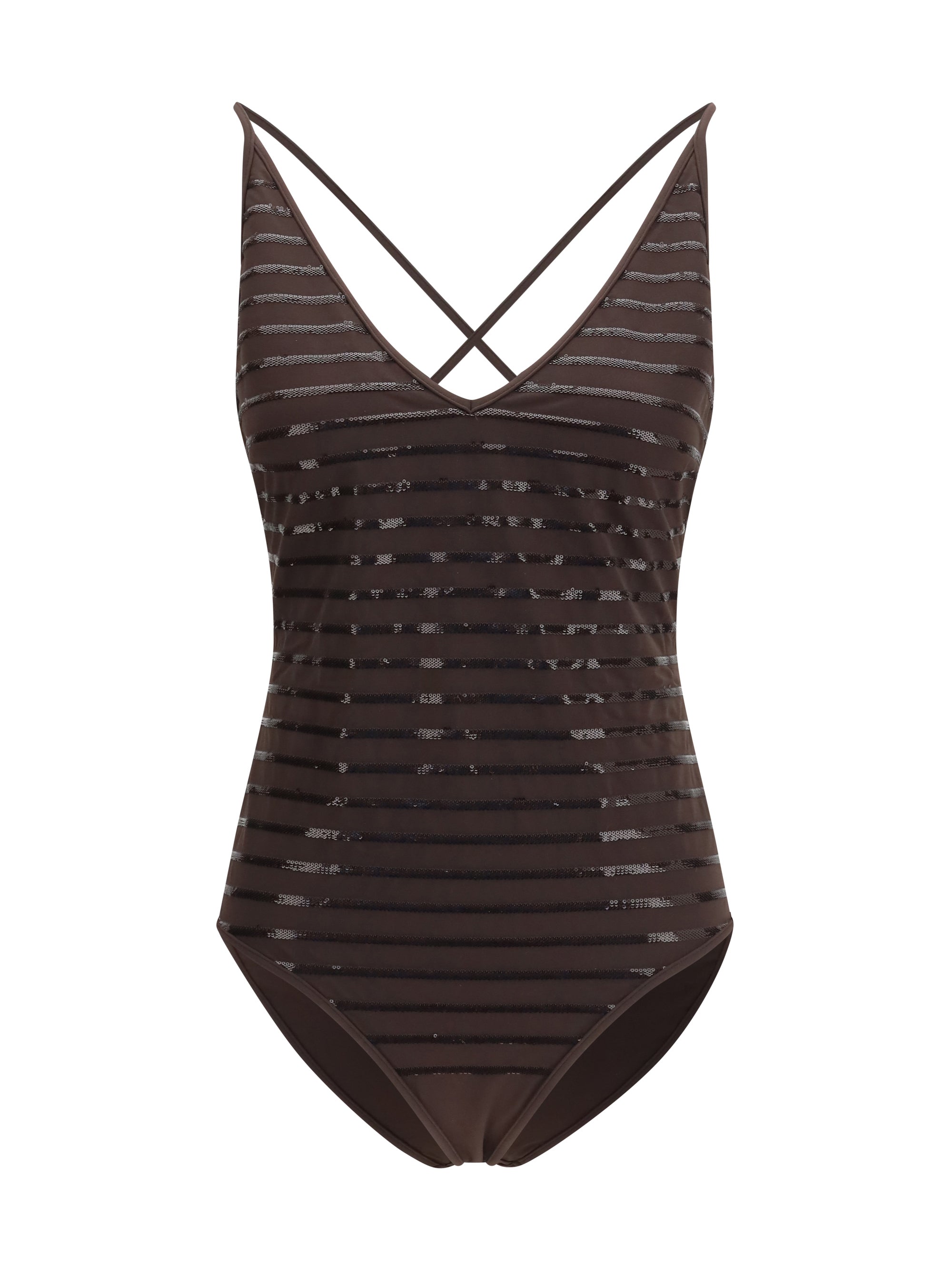 Sequin-Striped One-Piece Swimsuit — Brown