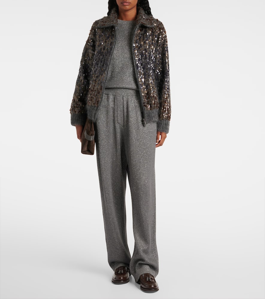 Cotton-blend lamé wide-leg pants