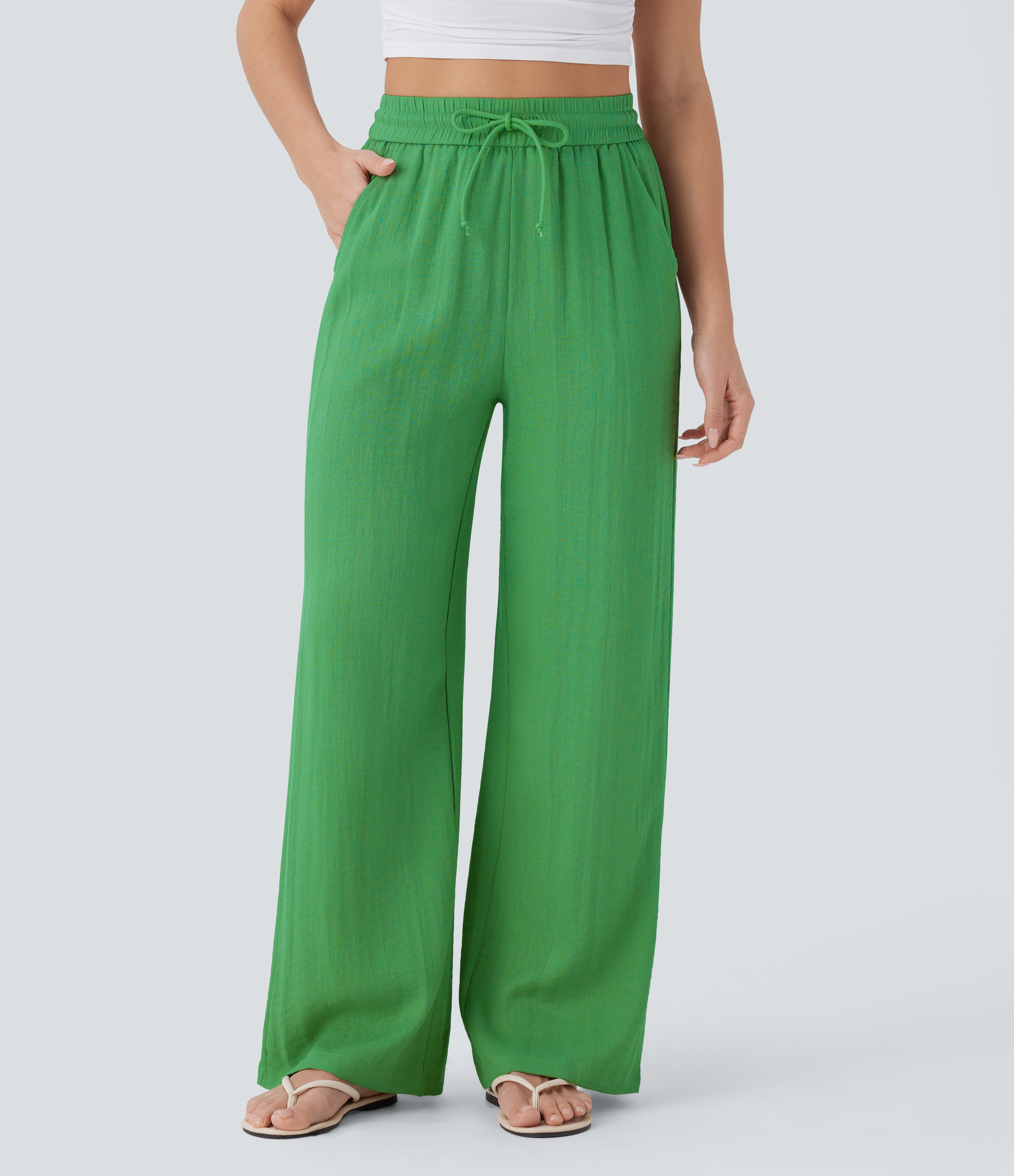 High Waisted Drawstring Pocket Wide Leg Baggy Casual Linen-Feel Pants  - Kelly Green