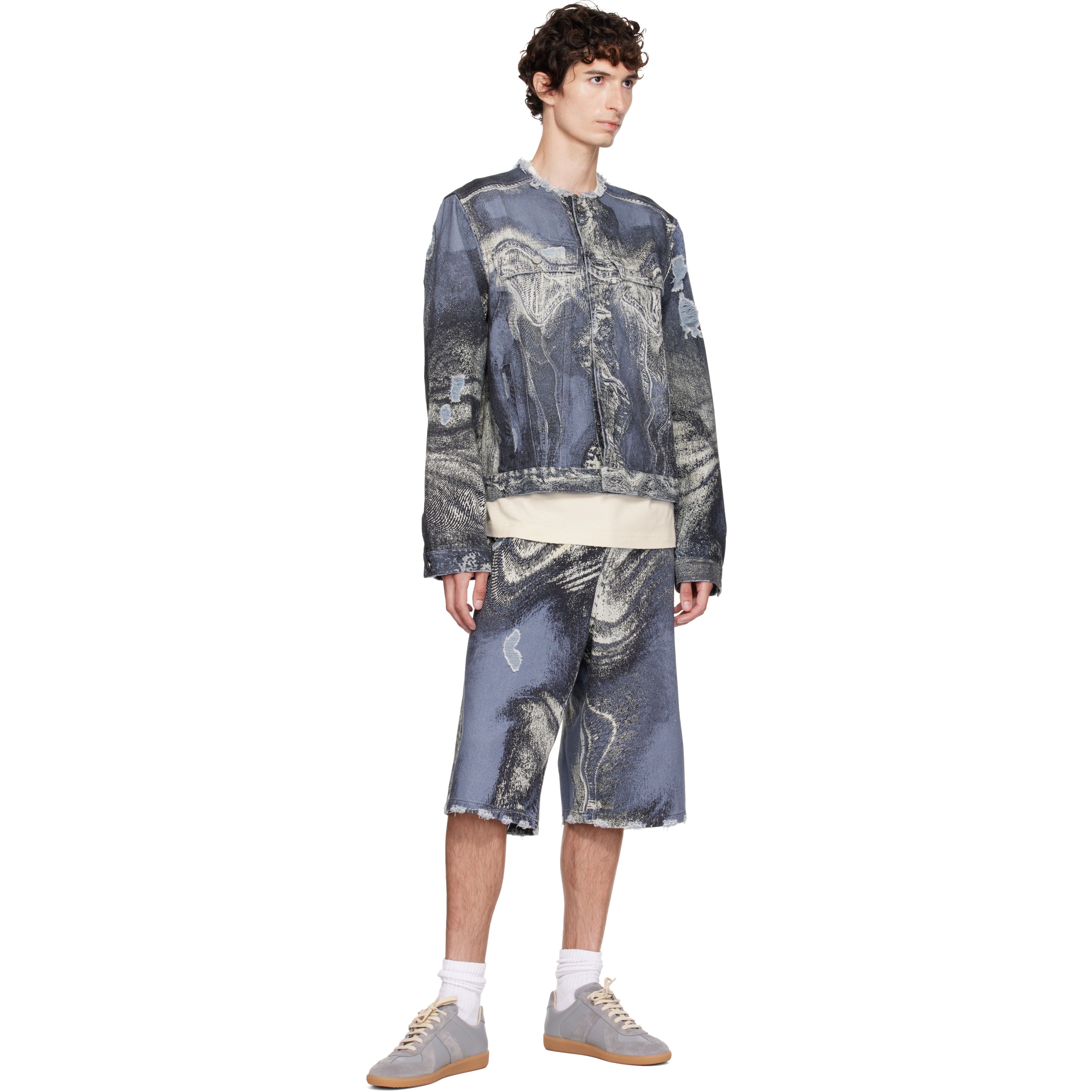 Blue Distorted Print Distressed Denim Shorts